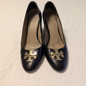 Tory Burch Black Leather Heels with Gold Logo